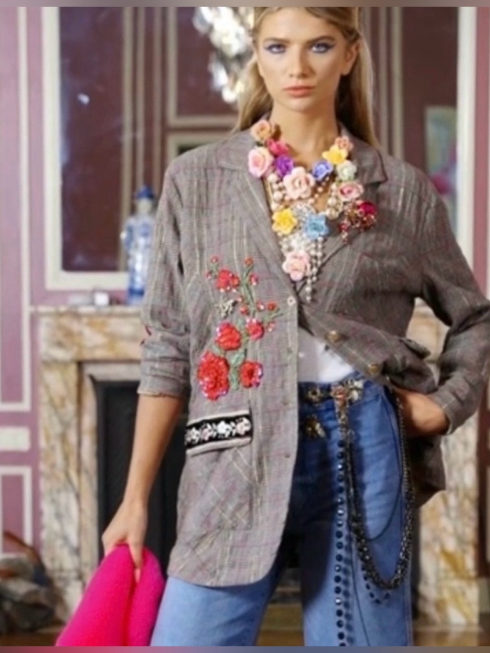 Aratta Rosaline Multi-Color Floral Statement Necklace with Pearl & Gold Chains - Picture 4 of 9